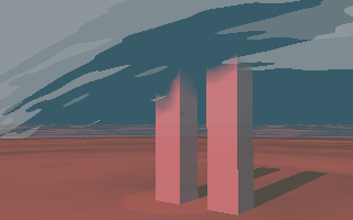 Logo for  After the Fall of the Towers: Two towers, broken in foreground but with whole shadows, in a sunrise-pink scene